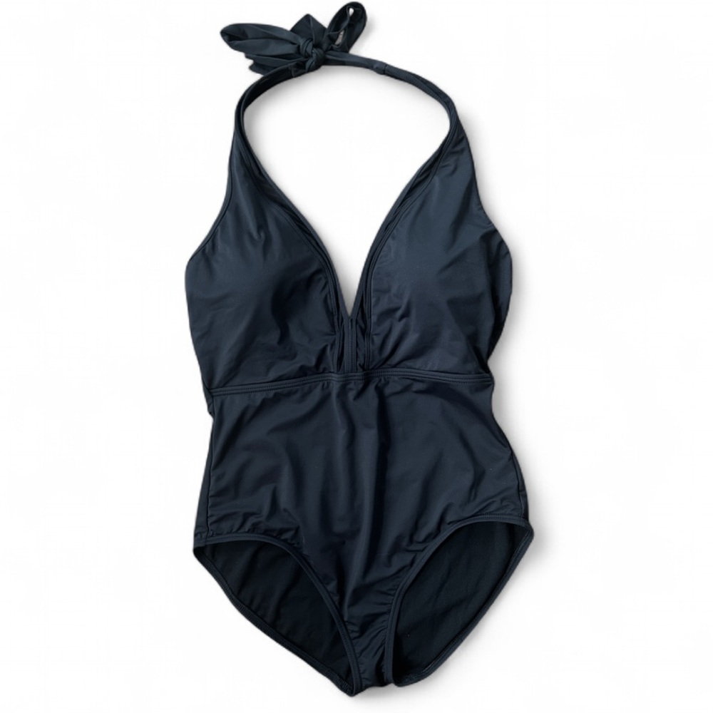TOMMY BAHAMA Black Plunge Neck Halter Mesh Trim One Piece Swimsuit Minimalist 12 - Picture 1 of 8